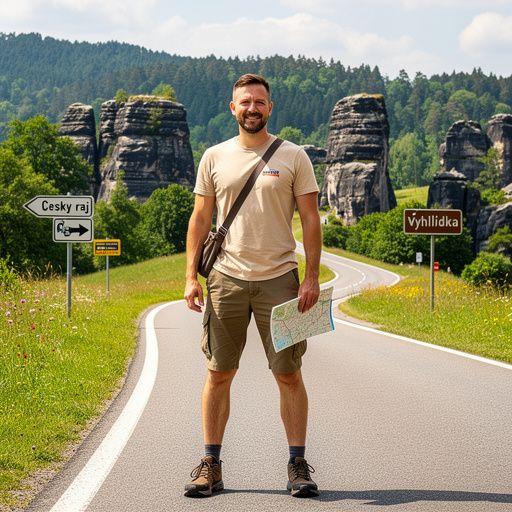 Pohled na horský masiv Krkonoš s turistickými stezkami a horskými chatami.